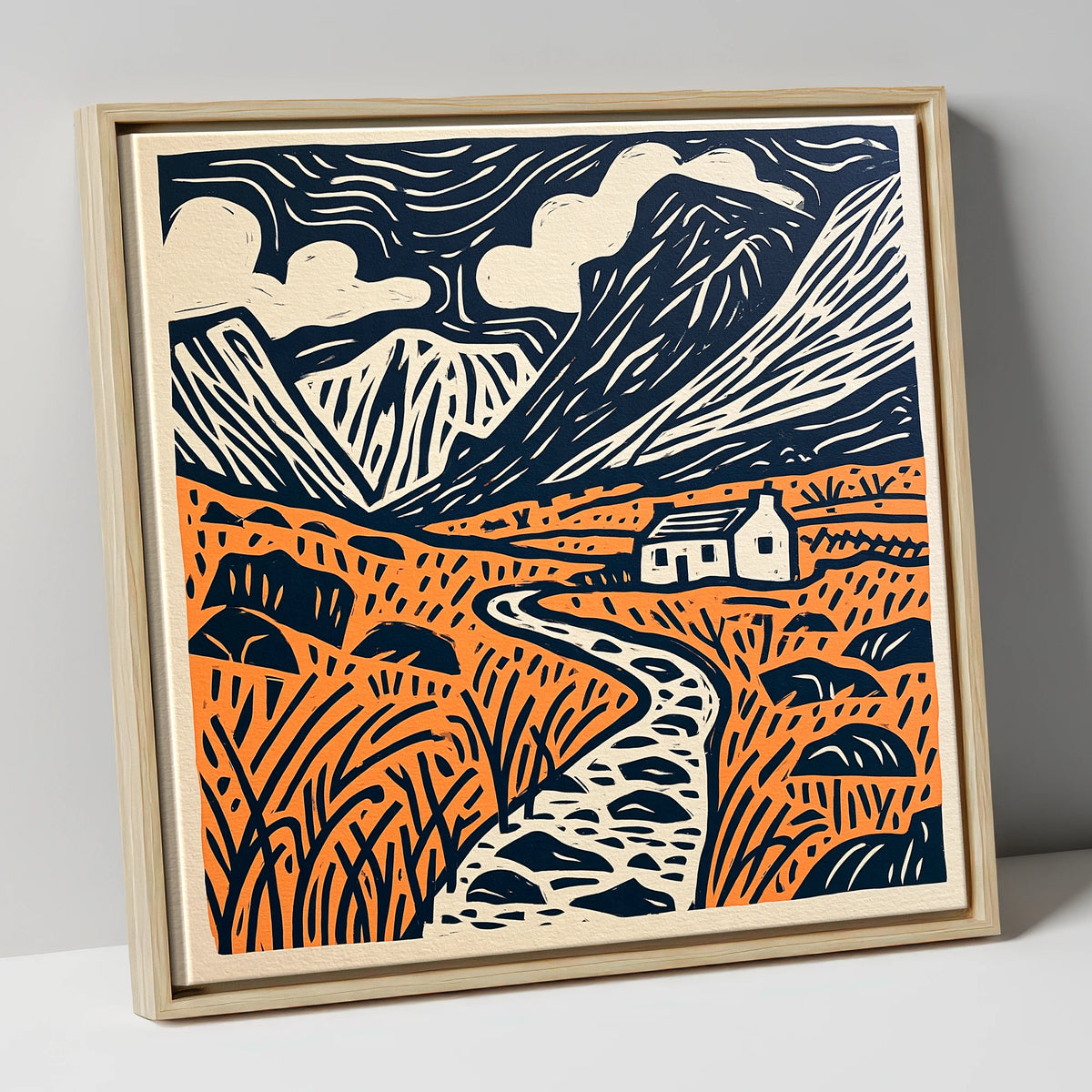 Eskdale Cottage and Navy Fells lake district valley canvas wall art in natural frame