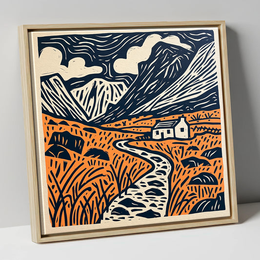 Eskdale Cottage and Navy Fells lake district valley canvas wall art in natural frame
