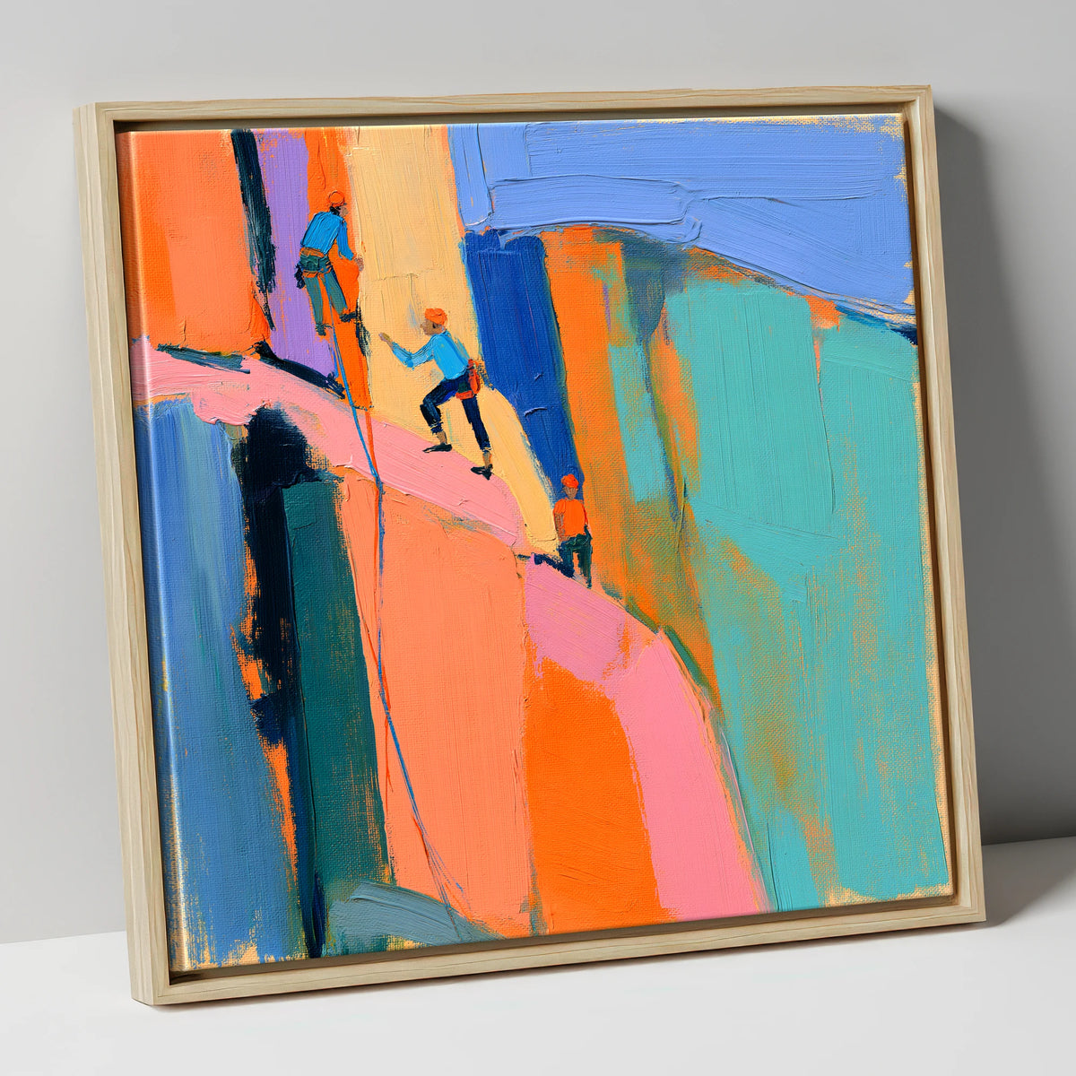 Vibrant Climbers on the Crag lake district walking canvas wall art in natural frame