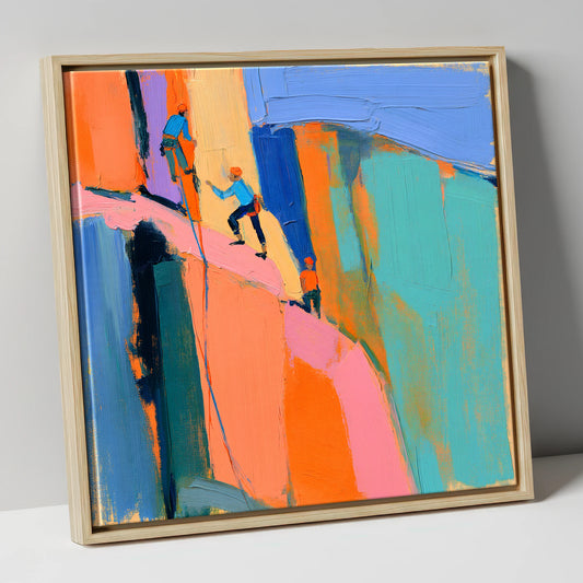 Vibrant Climbers on the Crag lake district walking canvas wall art in natural frame