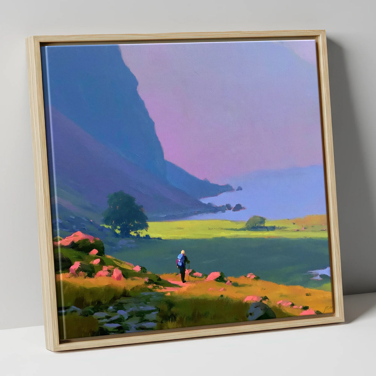 Lone Hiker Beneath Indigo Fells lake district walking canvas wall art in natural frame