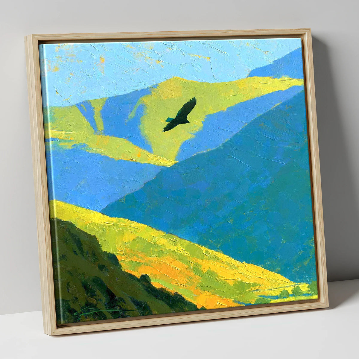 Soaring Bird of Prey Over Sunlit Fells lake district wildlife canvas wall art in natural frame