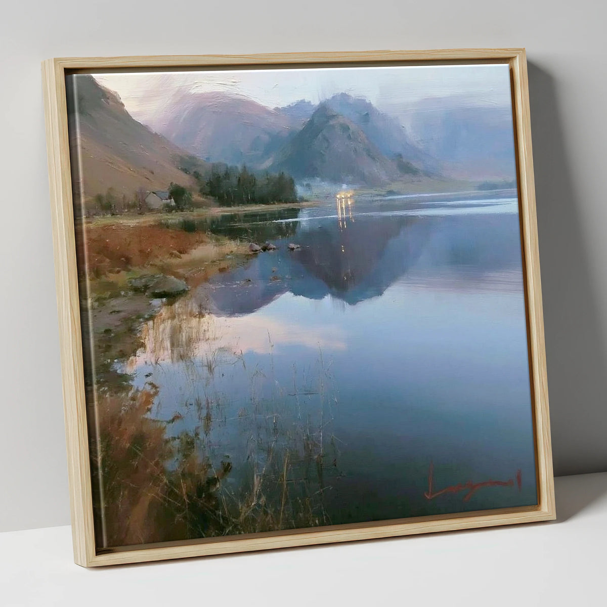 Loweswater Lake in Misty Light lake district lake canvas wall art in natural frame