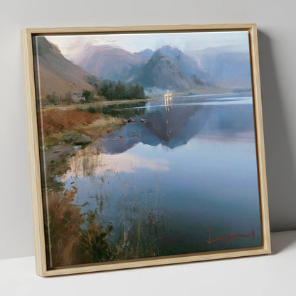 Loweswater Lake in Misty Light lake district lake canvas wall art in natural frame
