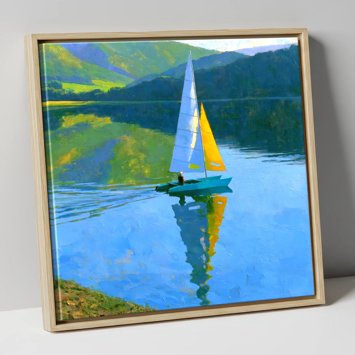Vivid Sails on a Breezy Lake lake district walking canvas wall art in natural frame