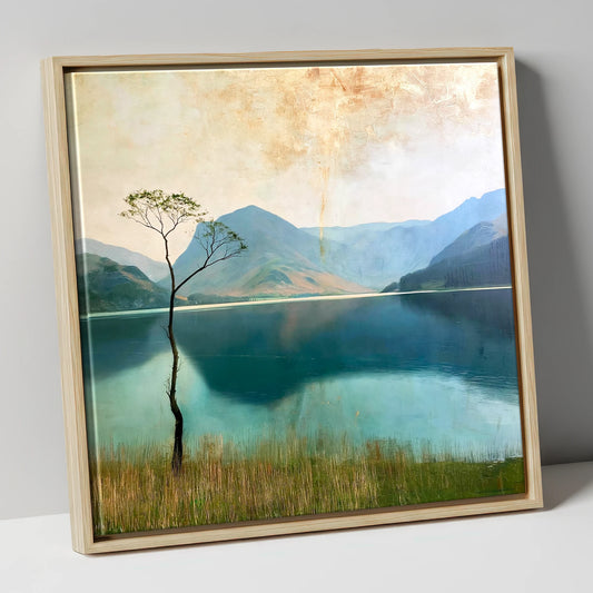 Lone Tree on Buttermere Shore lake district lake canvas wall art in natural frame