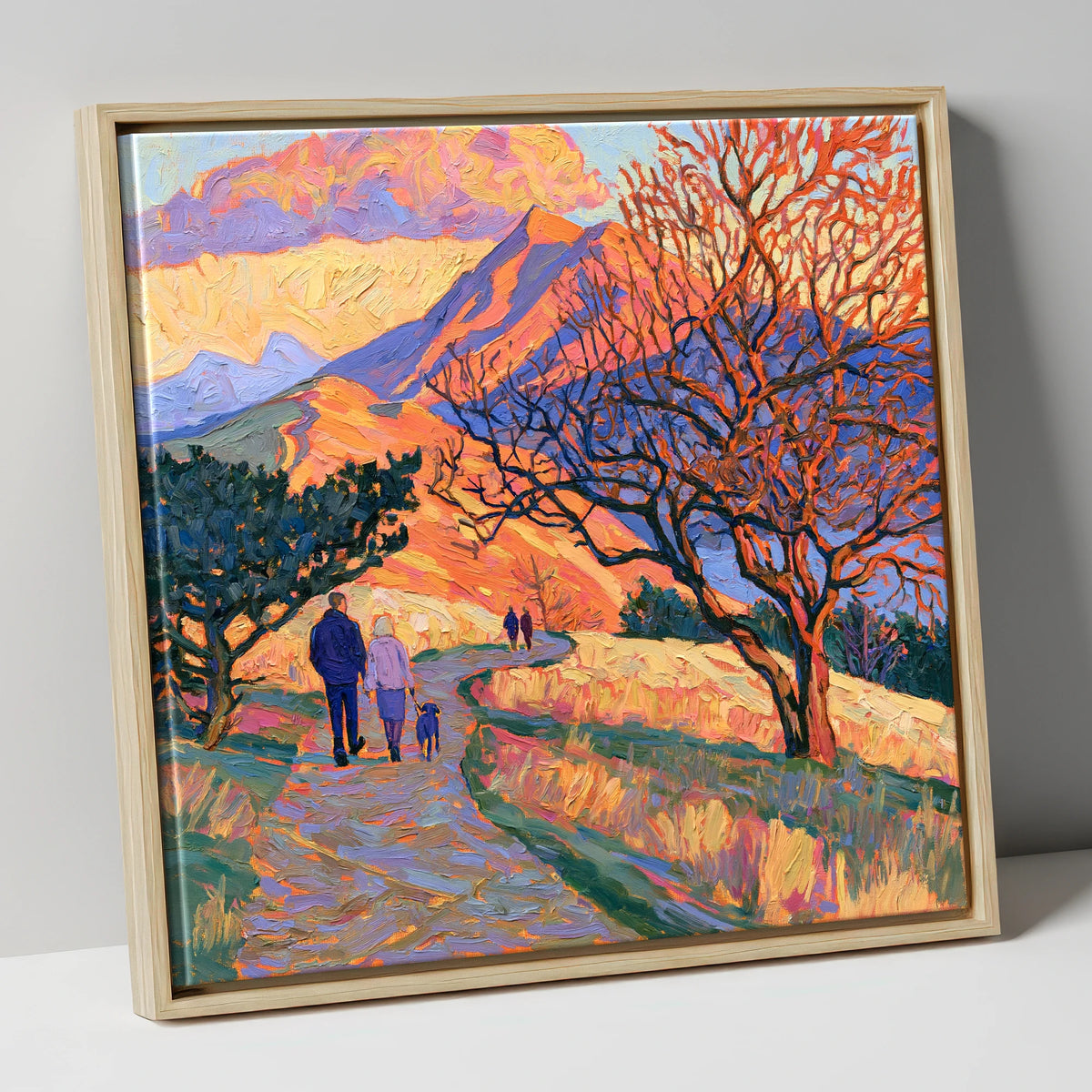 Sunset Dog Walk on Cat Bells gifts for dog walkers canvas wall art in natural frame