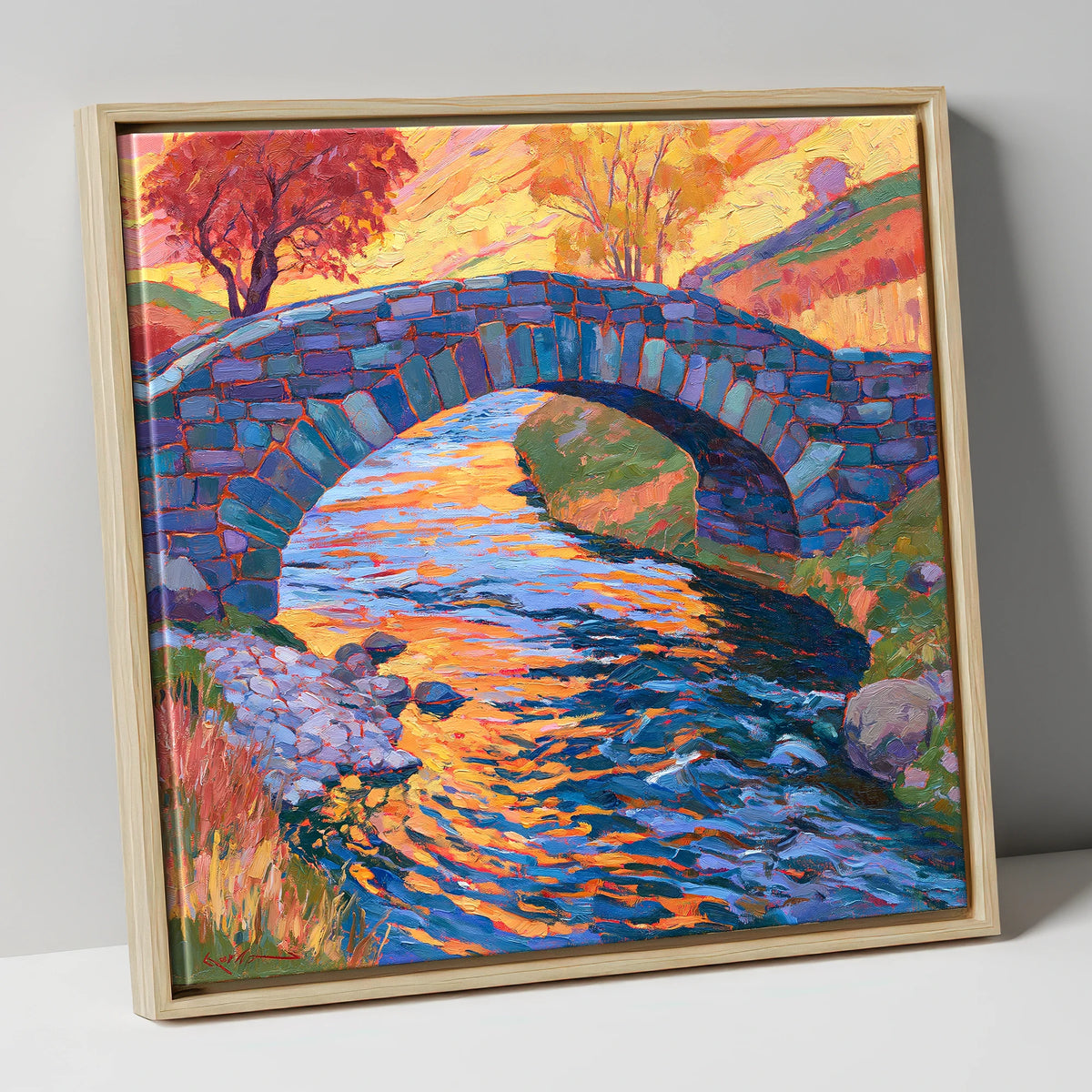 Stone Bridge over a Golden Beck lake district waterfall canvas wall art in natural frame