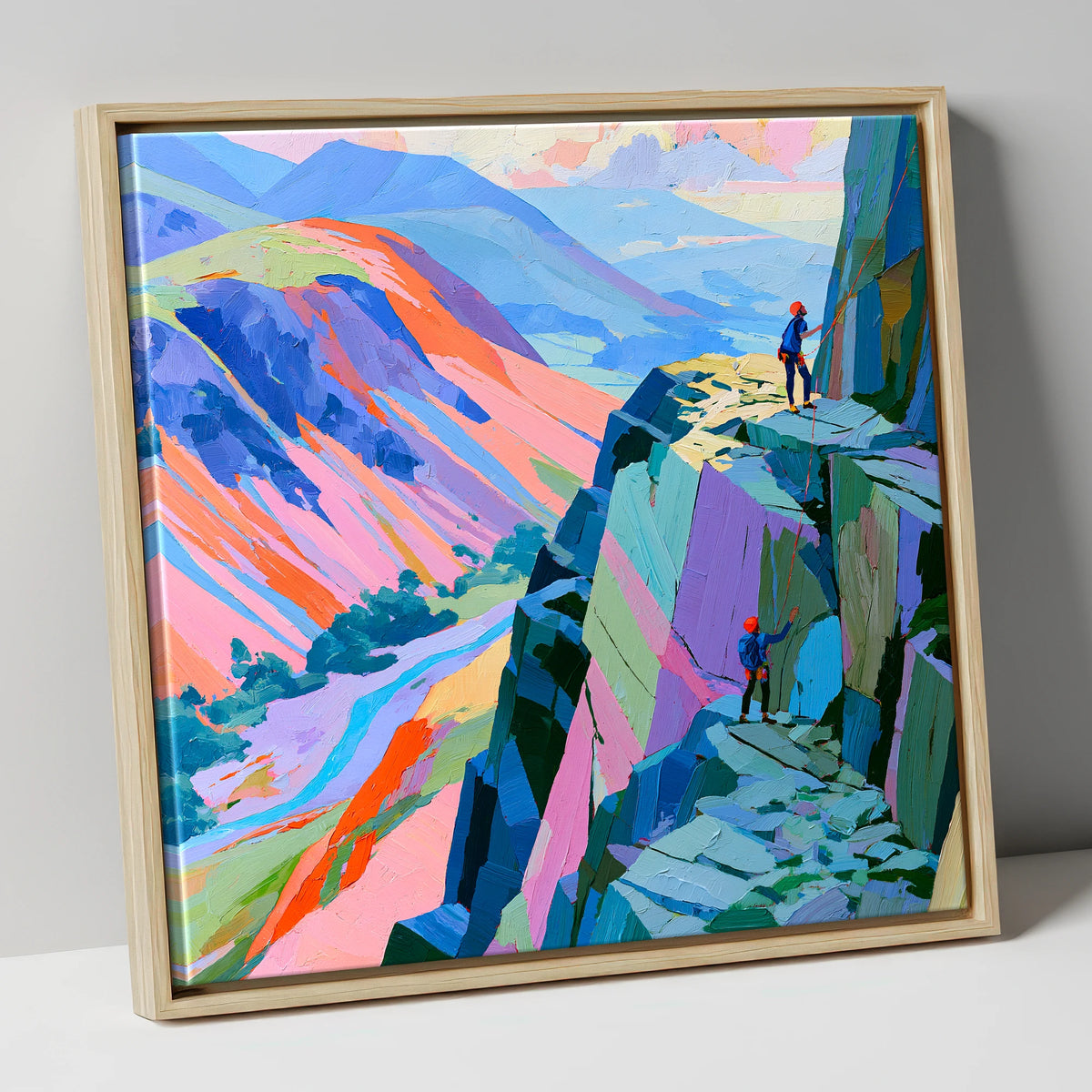 Rock Climbers on Vibrant Crag lake district walking canvas wall art in natural frame