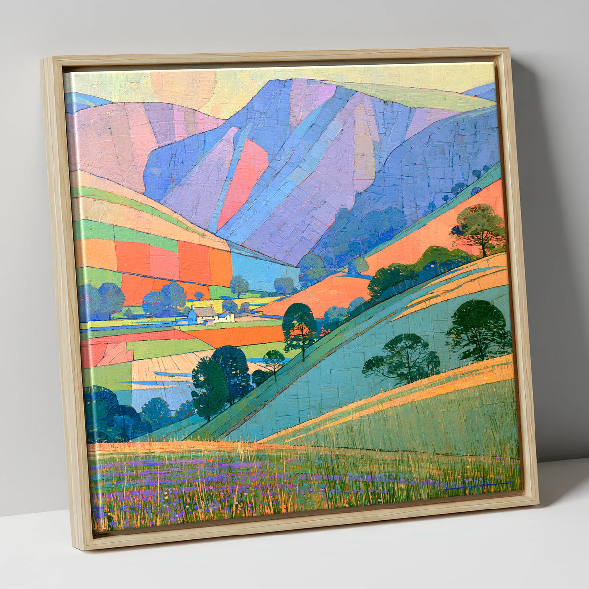 Vibrant Patchwork Fells at Evening lake district sky canvas wall art in natural frame
