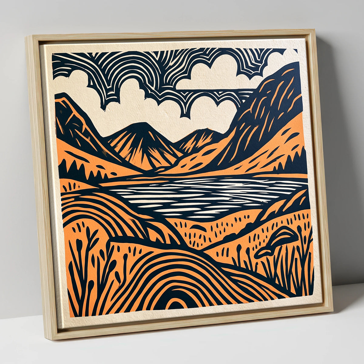 Ennerdale Water in Terracotta and Navy lake district valley canvas wall art in natural frame
