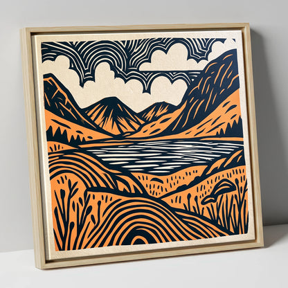 Ennerdale Water in Terracotta and Navy lake district valley canvas wall art in natural frame