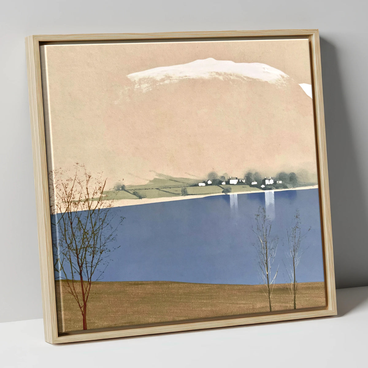 Winter Waters at Pooley Bridge lake district village canvas wall art in natural frame