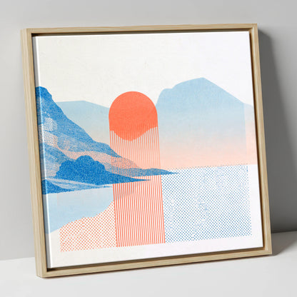 Modern Buttermere in Coral and Blue lake district lake canvas wall art in natural frame