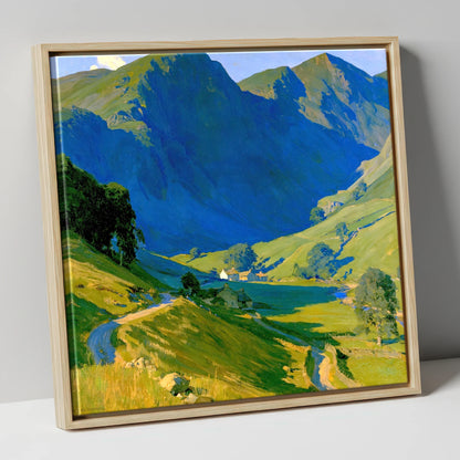 Valley Farm Beneath Blue Fells lake district valley canvas wall art in natural frame