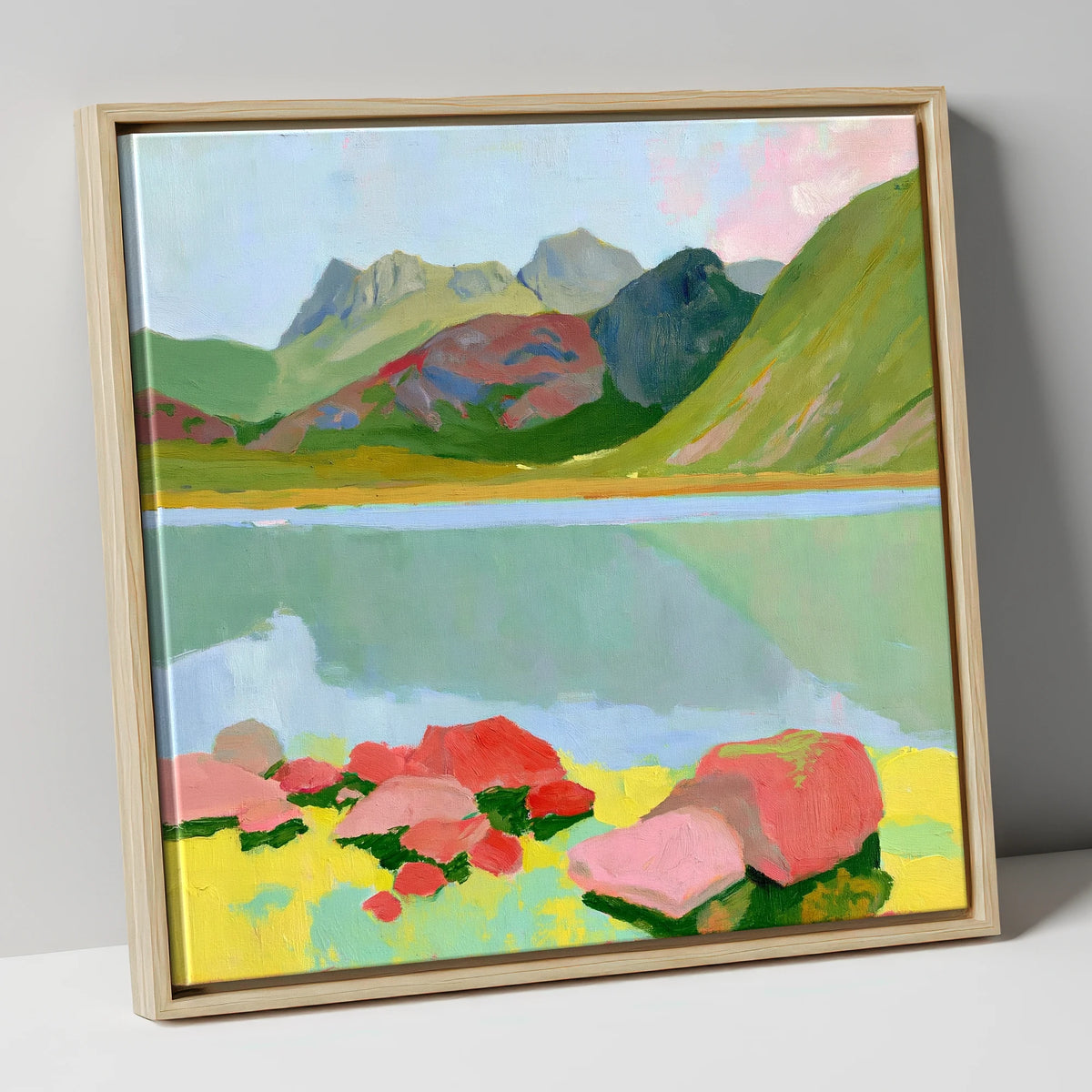 Pastel Rocks at Blea Tarn lake district valley canvas wall art in natural frame
