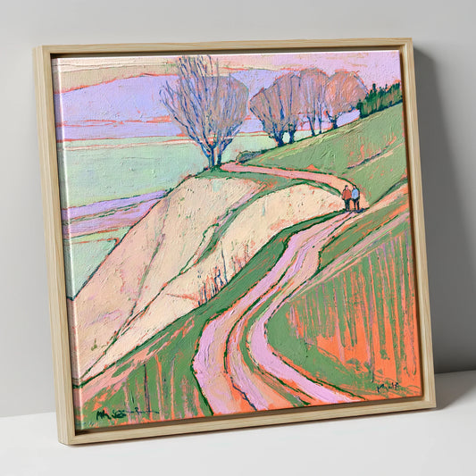 Walkers on a Winding Mountain Path lake district walking canvas wall art in natural frame