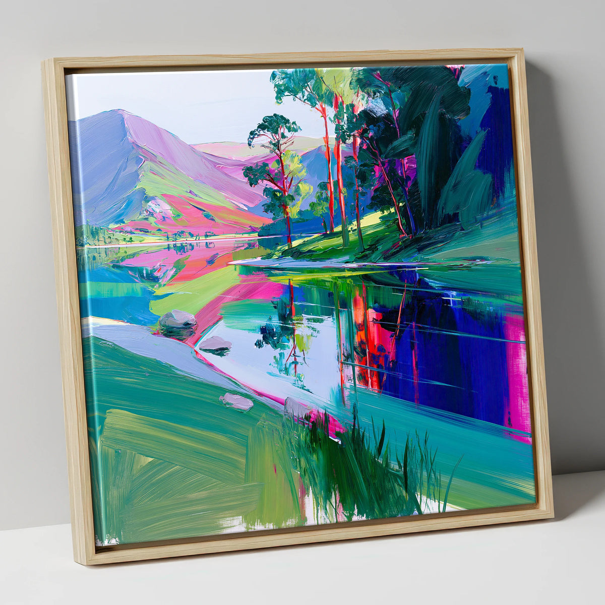 Vibrant Reflections at Buttermere lake district lake canvas wall art in natural frame