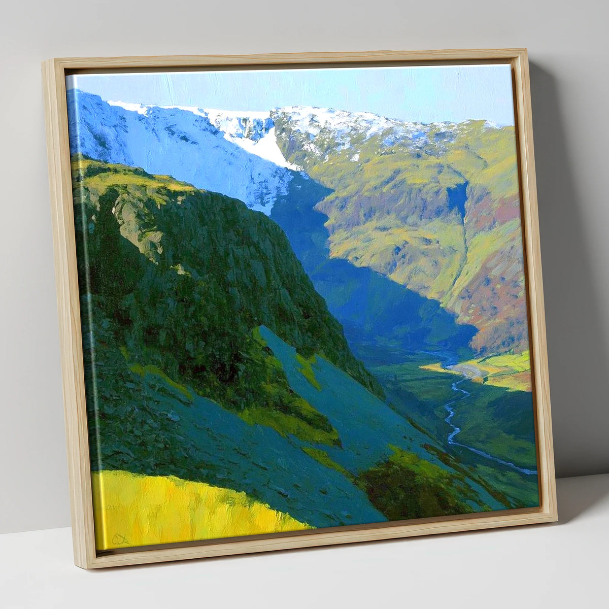 Vibrant Tarn Crag in Snow lake district fell canvas wall art in natural frame