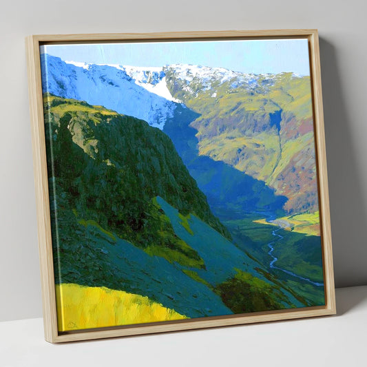 Vibrant Tarn Crag in Snow lake district fell canvas wall art in natural frame