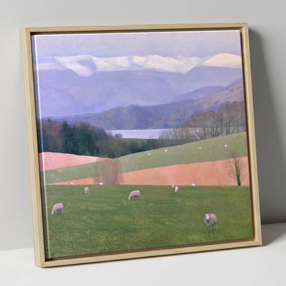 Hawkshead Pastures and Snowy Fells lake district village canvas wall art in natural frame