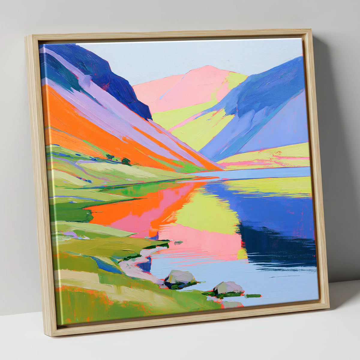 Lake Reflections in Bold Colour lake district lake canvas wall art in natural frame