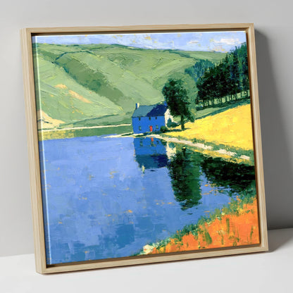 Blue Cottage on Calm Lake lake district lake canvas wall art in natural frame