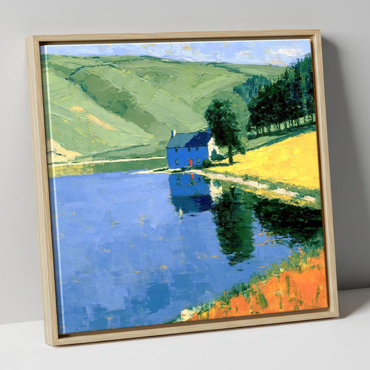 Blue Cottage on Calm Lake lake district lake canvas wall art in natural frame