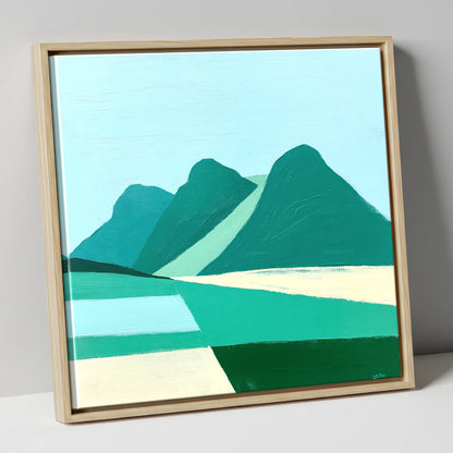 Geometric Langdale Pikes in Teal lake district fell canvas wall art in natural frame