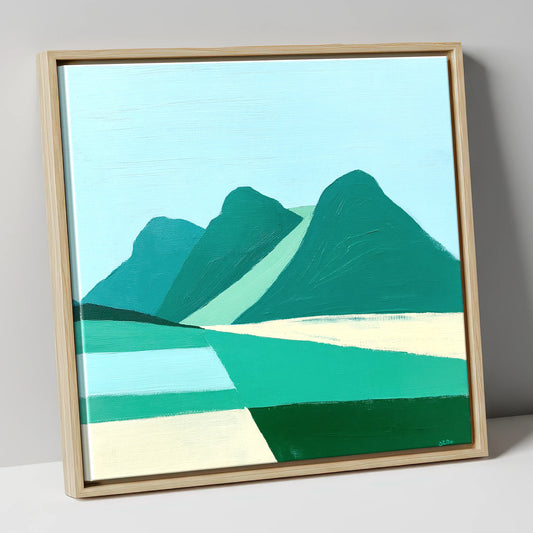 Geometric Langdale Pikes in Teal lake district fell canvas wall art in natural frame