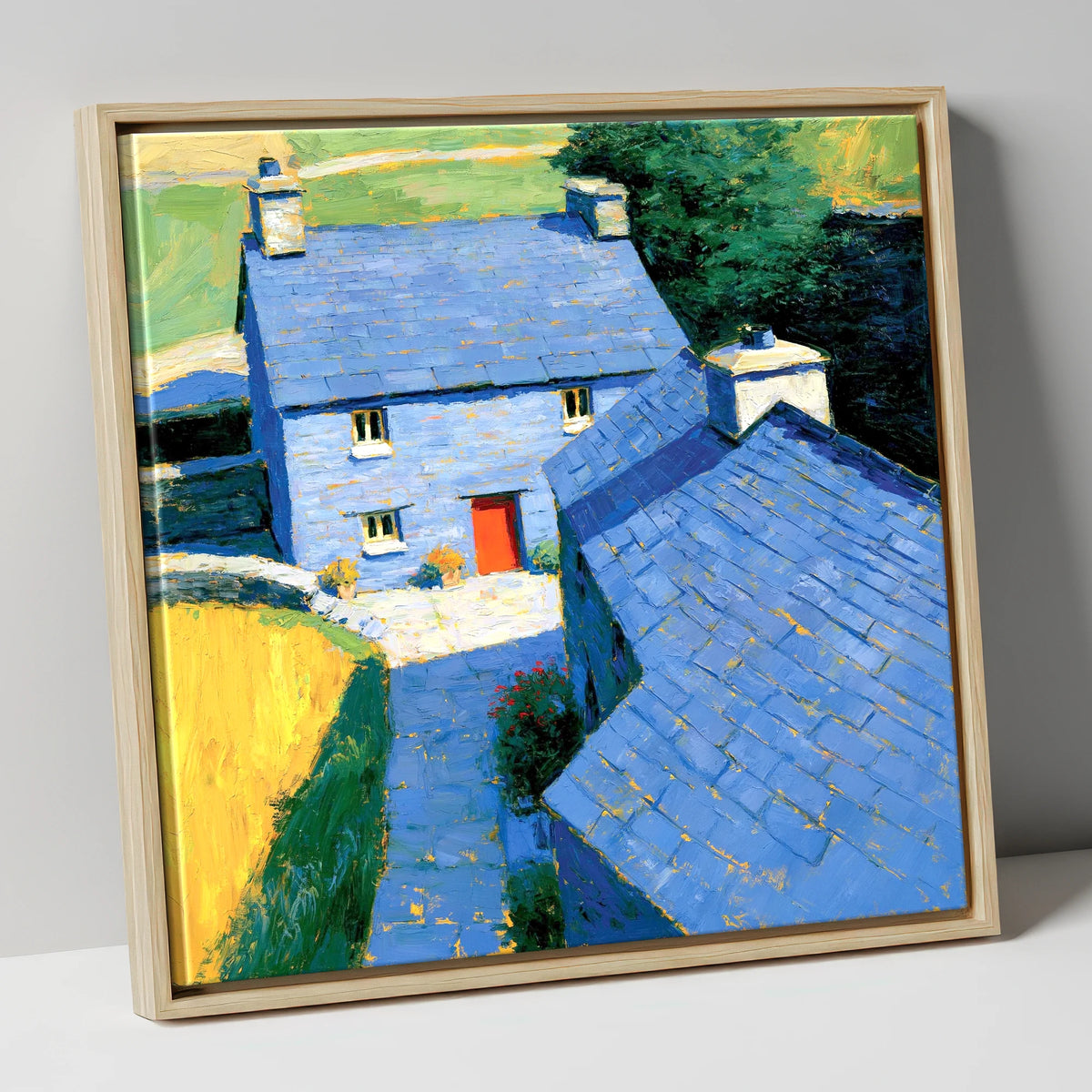 Vibrant Blue Slate Cottages lake district village canvas wall art in natural frame