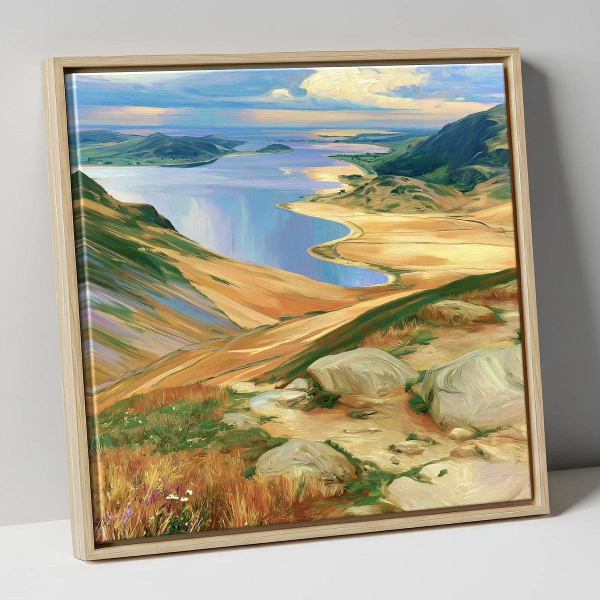 Vibrant Summit View over Water lake district fell canvas wall art in natural frame