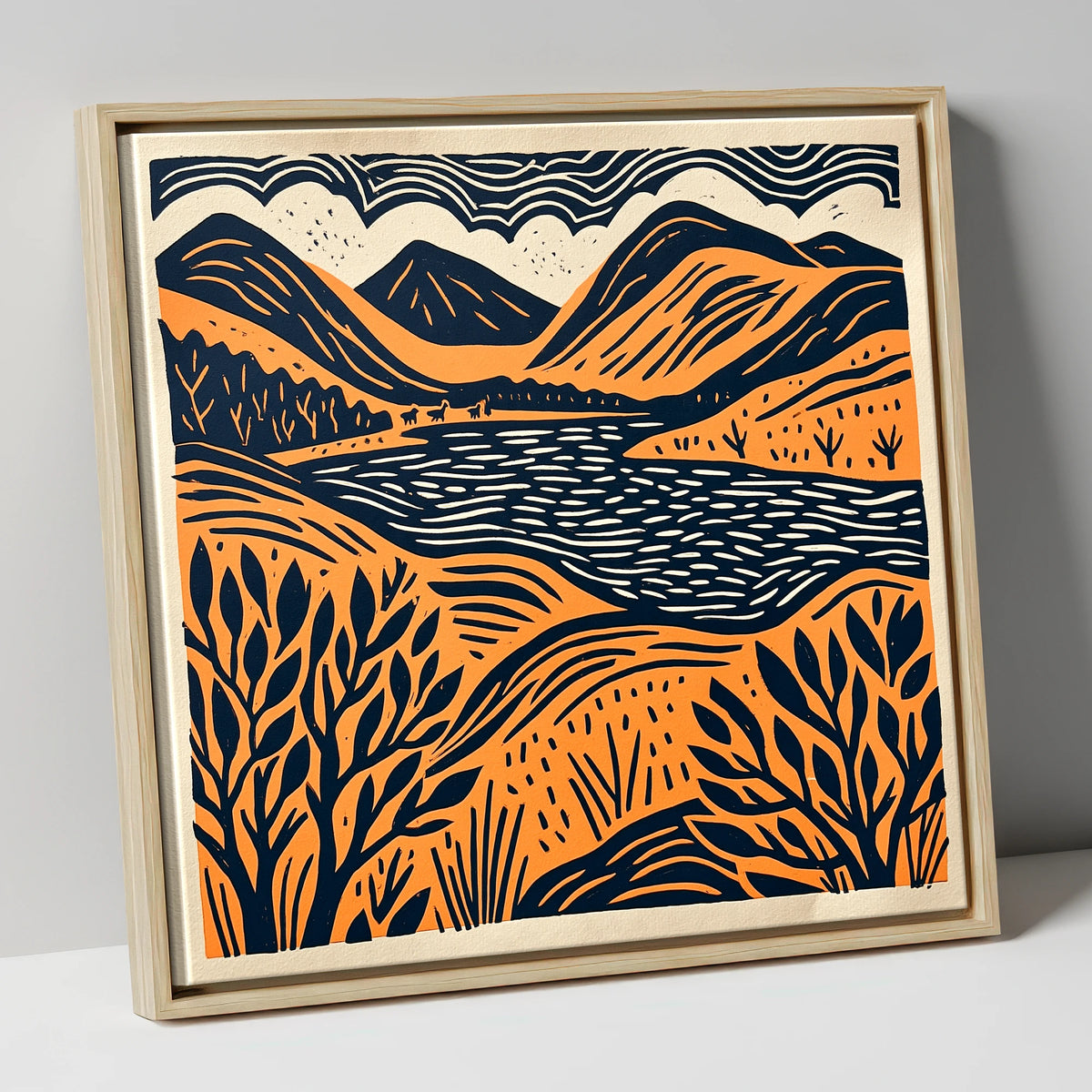 Terracotta and Navy Lake Fells lake district lake canvas wall art in natural frame