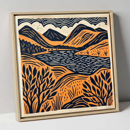 Terracotta and Navy Lake Fells lake district lake canvas wall art in natural frame