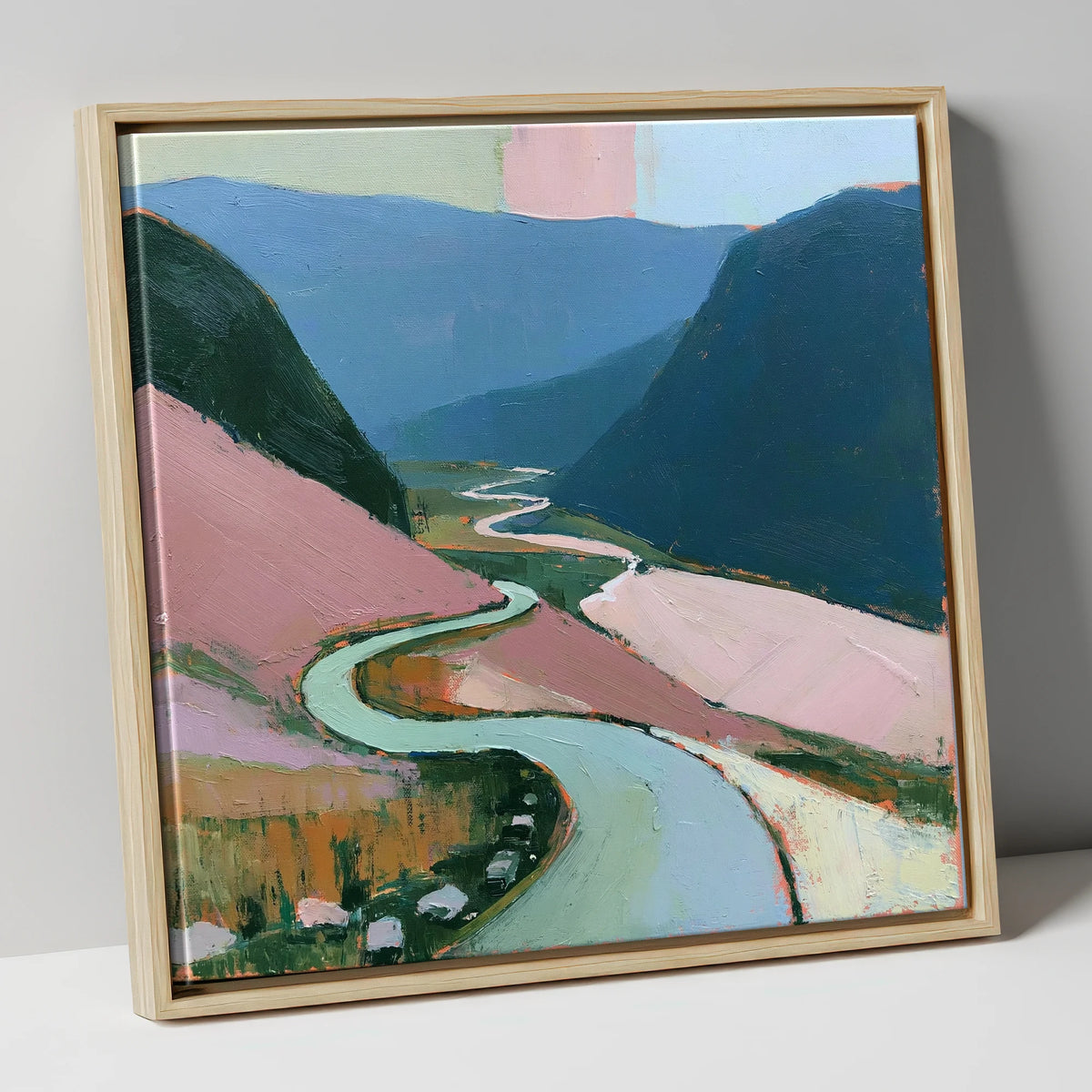Mountain Pass in Blush and Teal lake district valley canvas wall art in natural frame