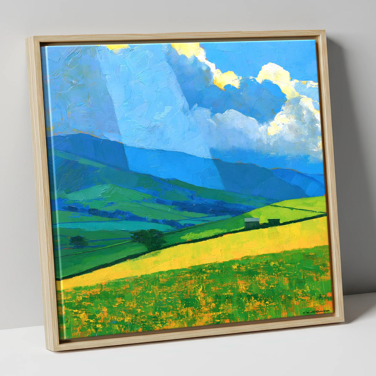 Sunlit Yellow Fields and Stormy Fells lake district sky canvas wall art in natural frame