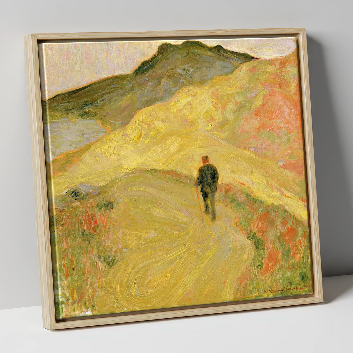 Lone Hiker on Golden Fells lake district walking canvas wall art in natural frame