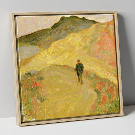 Lone Hiker on Golden Fells lake district walking canvas wall art in natural frame