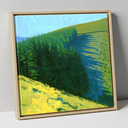 Conifer Shadows on Broom Fell lake district fell canvas wall art in natural frame