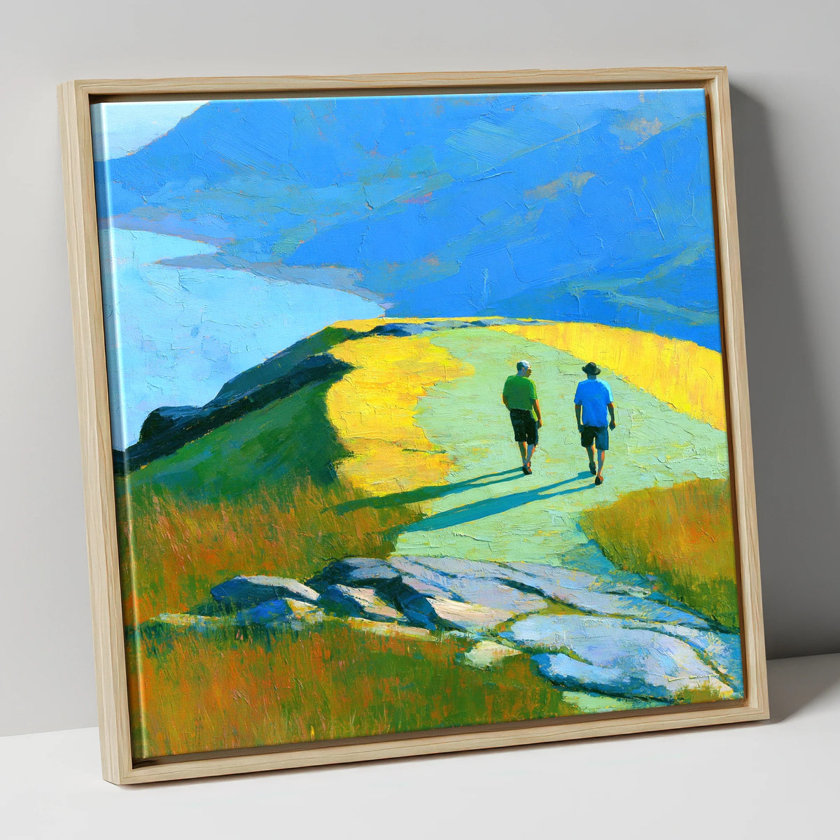 Fell Walkers on a Sunlit High Ridge lake district fell canvas wall art in natural frame