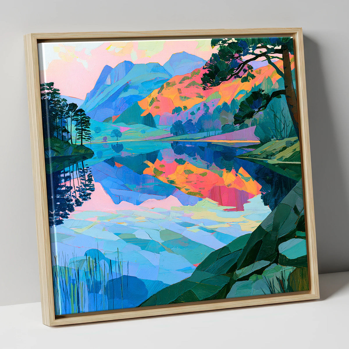 Vibrant Dawn Over Still Lake lake district lake canvas wall art in natural frame