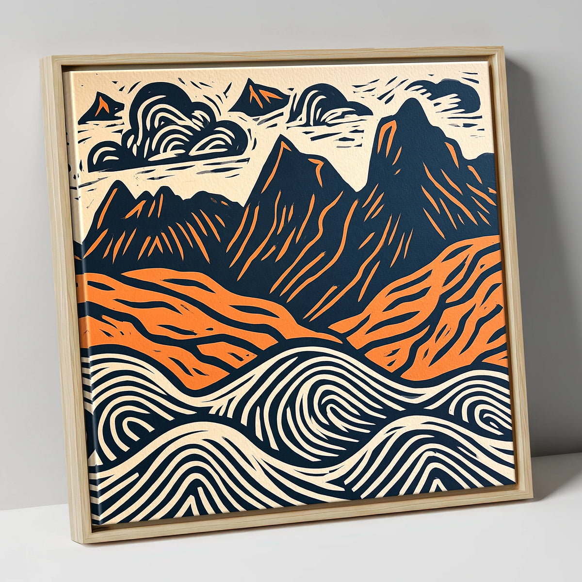 Navy and Orange Langdale Pikes lake district fell canvas wall art in natural frame