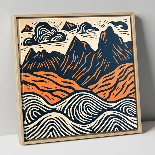 Navy and Orange Langdale Pikes lake district fell canvas wall art in natural frame