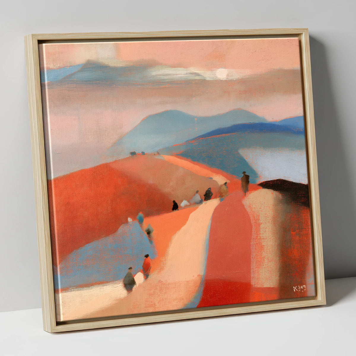 Walkers on a Sunset Mountain Path lake district walking canvas wall art in natural frame