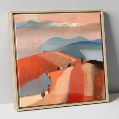 Walkers on a Sunset Mountain Path lake district walking canvas wall art in natural frame