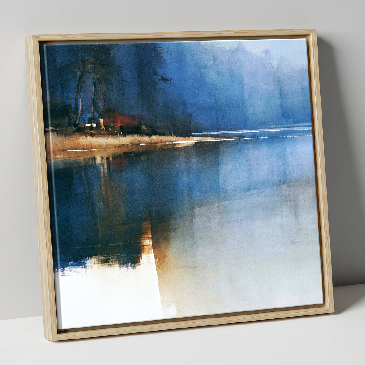 Moody Blue Calm Lake Reflections lake district lake canvas wall art in natural frame