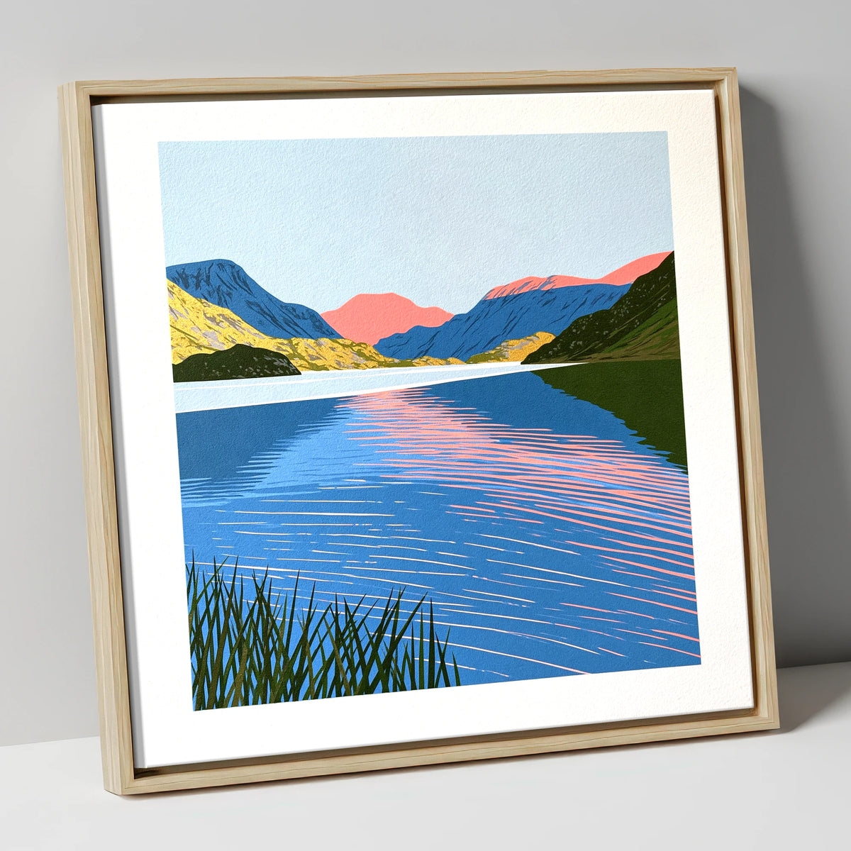 Coral Dawn over Still Lake lake district lake canvas wall art in natural frame