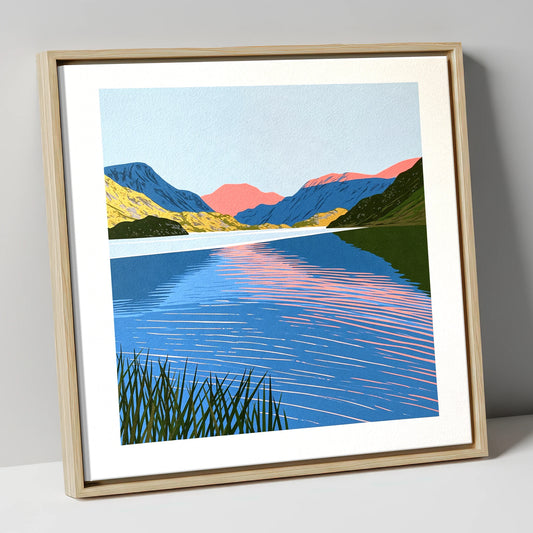Coral Dawn over Still Lake lake district lake canvas wall art in natural frame