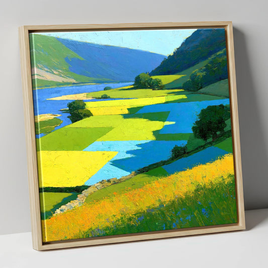 Sunlit Valley Pastures and Blue Shadows lake district valley canvas wall art in natural frame