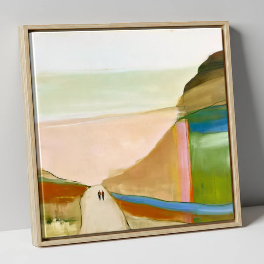 Walkers on a Bold Mountain Path lake district walking canvas wall art in natural frame